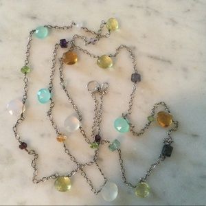 Long 35 inch Multi Gem Confetti Silver Necklace